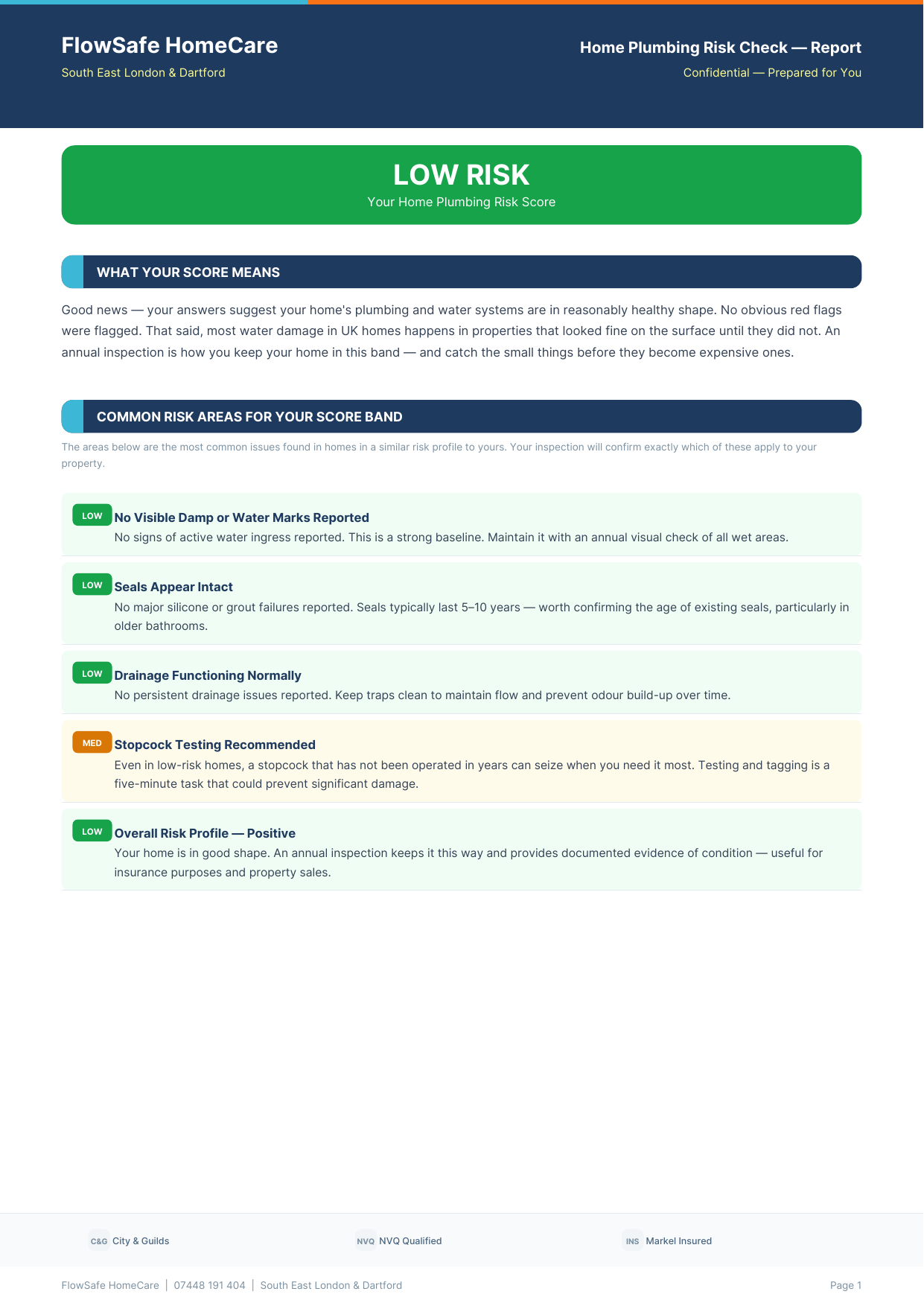 FlowSafe HomeCare scorecard result showing Low Risk rating
